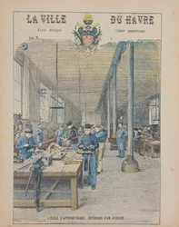 Leerlingenschool, interieur van een werkplaats, omslag van een schoolboek